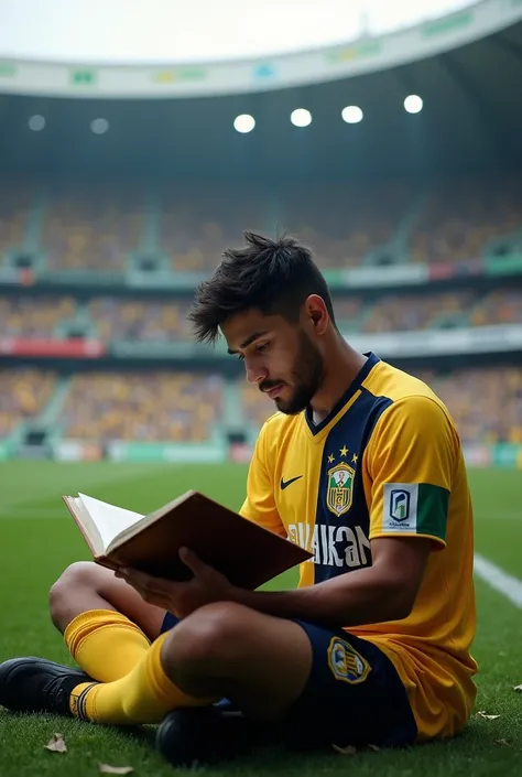 I want a Vasco player reading a book in a soccer stadium