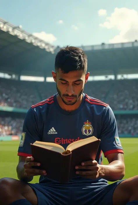 I want a Vasco player reading a book in a soccer stadium