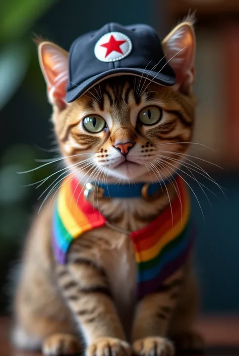 A cat photo, cat wearing a rainbow or lgbt flag on his collar and a cap with red star or leftist ideological simbol.. and the background is blurr like a dslr photo and he is posing with attitude 