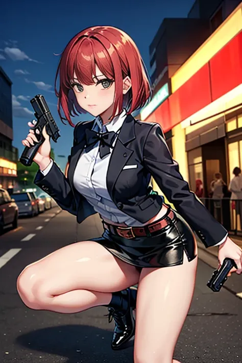 Highest quality、Ultra HD、One Woman、(Red Hair Short Bob 1.3)、(Black blazer 1.3)、(Black bow tie)、(shirt)、(Black Leather Shoes 1.1)、((Black Mini Tight Skirt))、((Thigh 1.2))、((One with a gun in each hand.5))、stylish、(Beautiful face with sharp eyes 1.2)、(Leathe...