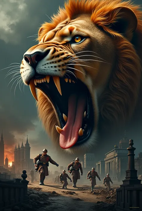 Create a movie poster about the blockade in history, which has to include the lion symbolising the Soviet Union with Berlin and the three western powers in its bloody mouth. Make it look like a movie poster and make it look really scary