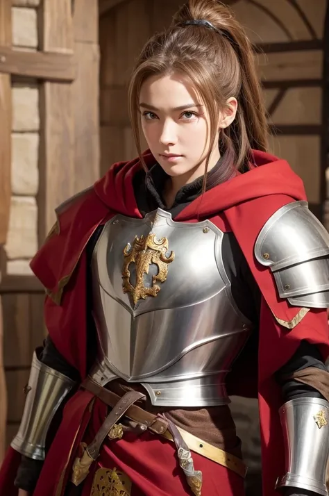 medieval knight armor、Hairstyle: Ponytail、light brown、Eyes are golden、Anime Style、Dignified face、、Large sword、A red cloak with a dragon emblem