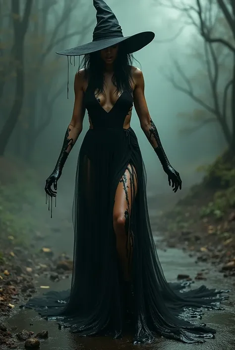 Wicked witch Cardi B in black dress dramatically melting into a messy pussle of smoke and goo, leaving behind her dress.  Wizard of oz "im melting"