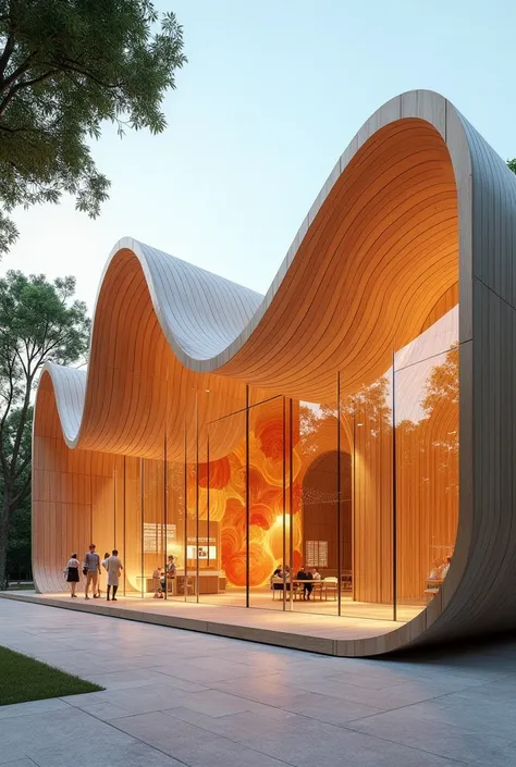 An architectural pavilion with some curves and straight elements , which will be used for exhibitions, where the cempasuchil flower is used as a reference 
