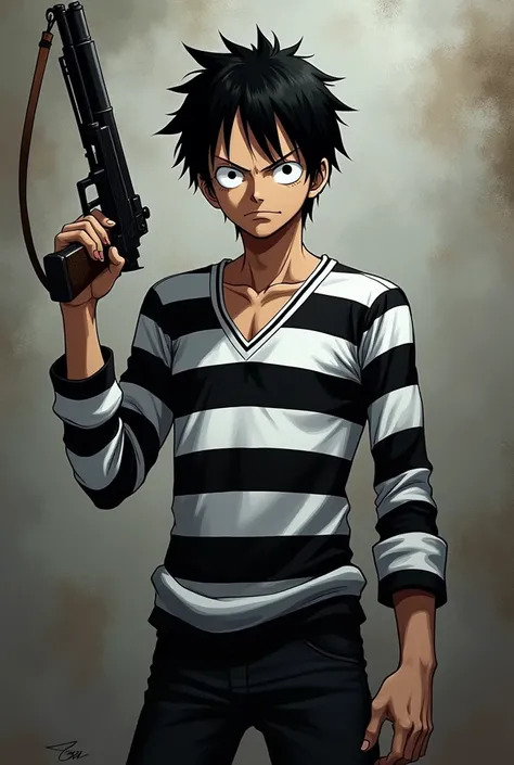 Monkey D. Luffy in a black and white striped long sleeve prison uniform with a gun