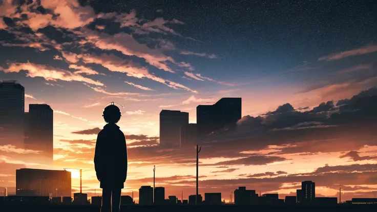 anime,silhouette,One person, star (null), cloud, headphone、 train 、cityscape, building, city, Outdoor, nullscraper, city lights, night, night null, sunset, nullline