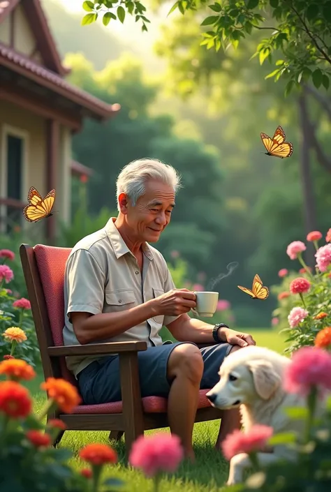 A 50-year-old Thai man sits in his backyard sipping coffee, his white dog next to him, and butterflies fly around the beautiful flowers in the garden.