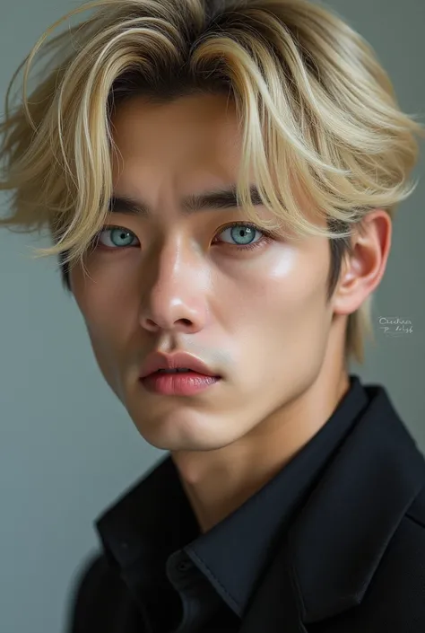 Korean famous man blue eyes and middle long blonde hair realistic foxy eyes egg check 