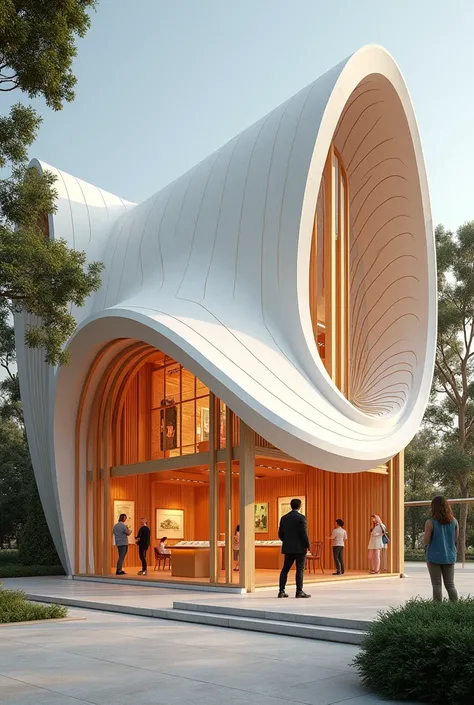 An architectural pavilion with some curves and straight elements , which will be used for exhibitions, where the cempasuchil flower is used as a reference 
