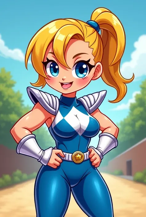 Chibi, fitnes girl, sexy, cute, tiny smile, blue eyes, sunnny day, power rangers blue white latex clothes, ombreira, yellow hair, thicc,cartoon, big breasts, big butt,
