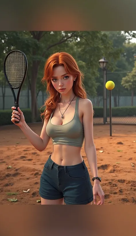 super realistic, highly detailed, sexy, young,european redhead, large breasts, green eyes, 2, iPhone 14 Pro Max camera, Merger_mati_catentes, (twilight:1.2) , (soft lighting:1.2), (tenis :1.2), photorealistic, raw, textured skin, skin pores, intricate deta...