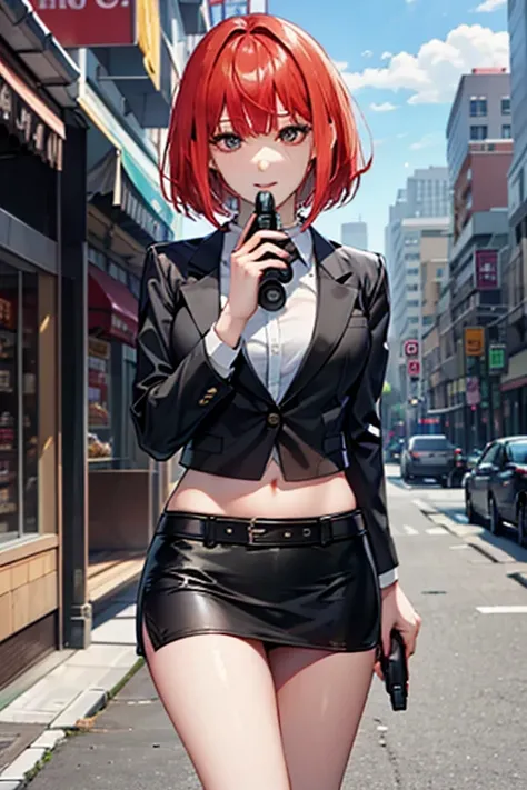 Highest quality、Ultra HD、One Woman、(Red Hair Short Bob 1.3)、(Black blazer 1.3)、(Black bow tie)、(shirt)、(Black Leather Shoes 1.1)、((Black Mini Tight Skirt))、((Thigh 1.2))、((One with a gun in each hand.5))、stylish、(Beautiful face with sharp eyes 1.2)、(Leathe...