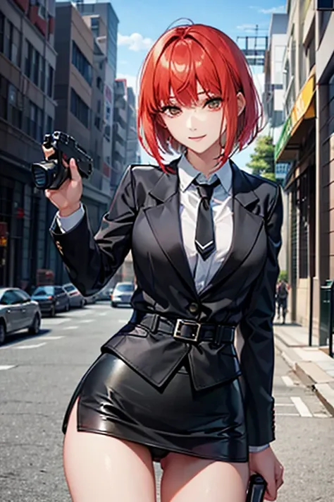 Highest quality、Ultra HD、One Woman、(Red Hair Short Bob 1.3)、(Black blazer 1.3)、(Black bow tie)、(shirt)、(Black Leather Shoes 1.1)、((Black Mini Tight Skirt))、((Thigh 1.2))、((One with a gun in each hand.5))、stylish、(Beautiful face with sharp eyes 1.2)、(Leathe...