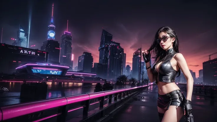 (Wide angle view). Blade Runner style futuristic city, simple outlined transparent neon tall buildings, glowing giant clock tower, flying cars, helicopter, lightning, 3D rendering Beeple. At night, (1girl, solo, alone), photorealistic, medium-breast slim:0...