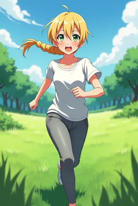 anime girl blond one sided braded green eyes with a white t-shirt and gray sweatpant running in the field