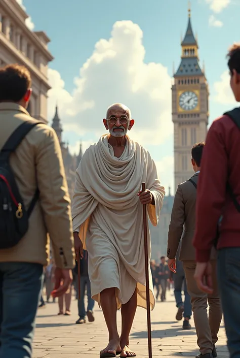 /imagine prompt: 2d, personality: [Illustrate Gandhi in London, surrounded by iconic British architecture. He appears slightly out of place, looking both curious and overwhelmed by the city life, as fellow students pass by, some glancing at him with indiff...