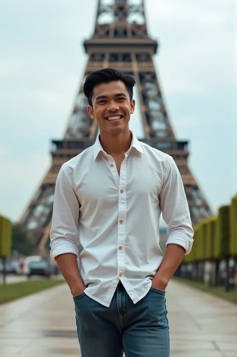 real picture, a man from Indonesia, thin hair with stylish casual clothes and shoes, slightly smiling, Eiffel tower background