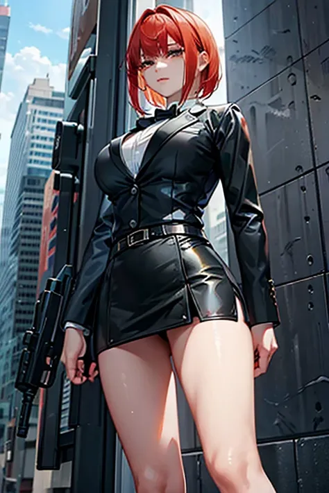 Highest quality、Ultra HD、One Woman、(Red Hair Short Bob 1.3)、(Black blazer 1.3)、(Black bow tie)、(shirt)、(Black Leather Shoes 1.1)、((Black Mini Tight Skirt))、((Thigh 1.2))、((One with a gun in each hand.5))、stylish、(Beautiful face with sharp eyes 1.2)、(Leathe...