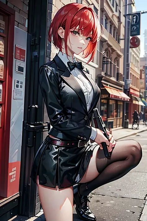 Highest quality、Ultra HD、One Woman、(Red Hair Short Bob 1.3)、(Black blazer 1.3)、(Black bow tie)、(shirt)、(Black Leather Shoes 1.1)、((Black Mini Tight Skirt))、((Thigh 1.2))、((One with a gun in each hand.5))、stylish、(Beautiful face with sharp eyes 1.2)、(Leathe...