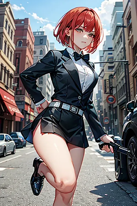 Highest quality、Ultra HD、One Woman、(Red Hair Short Bob 1.3)、(Black blazer 1.3)、(Black bow tie)、(shirt)、(Black Leather Shoes 1.1)、((Black Mini Tight Skirt))、((Thigh 1.2))、((One with a gun in each hand.5))、stylish、(Beautiful face with sharp eyes 1.2)、(Leathe...