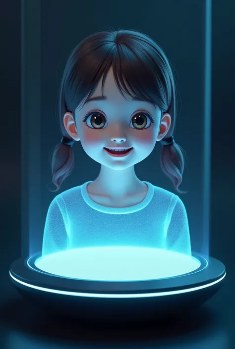 A hologram of a cute smiling 13yo girl is being generated on top of a black disk-shaped hologram generator. Super realistic texture hologram. The laser emitted from the device is partially visible. isometric