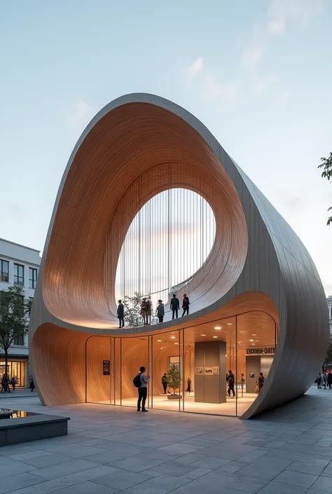 An architectural pavilion with some curves and straight elements , which will be used for exhibitions, where the elements of the guitar are used as a reference
