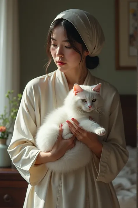 A woman holding a white cat in hand standing in her bed room not showing face wearing a head kerchief 