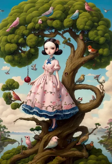 the painting shows a girl in a dress standing on a tree，there is a bird around, surrealism inspired by mark ryden, both sides, p...