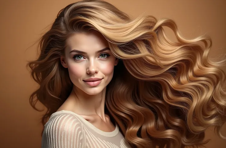 Create a hyper-realistic photo of a woman with blonde hair, shown from the bust up, with her entire upper body fully visible within the frame. Her hair should be extremely voluminous, well-groomed, and perfectly styled, emphasizing its fullness and health....