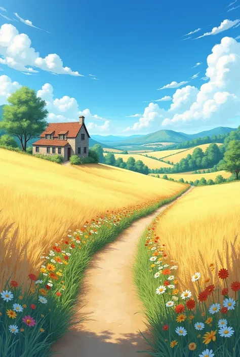 Anime theme, "A charming stone cottage nestled on the edge of a golden wheat field under a vast blue sky with fluffy white clouds. A narrow, winding dirt path lined with wildflowers leads through the field, guiding the viewers eye toward distant rolling hi...