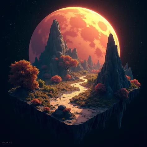 (Lunar World), Atmospheric Oliva lighting, 4k hdd, Dark atmosphere, Super detailed, Brightly colored forest background, A magnificent composition, Octane Rendering, Sharp focus, High resolution isometric drawing - ar 3:2