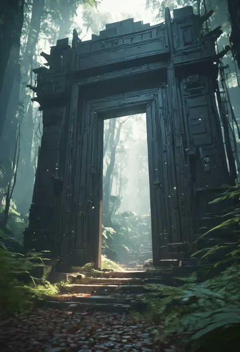 (Digital Artwork:1.3) of (Drawn:1.1) octane render of a mysterious dense forest with a large (magic:1.2) Door (Door户网站:1.3) 进入永恒of国度, Blade Runner, complex (vine:1.2), 液态金属制成of巨型树, 写实of数字肖像, shot at 8k resolution, petrol liquid, 柔和of颜色, Ink Art, 蓝紫色of魔法宇宙,...