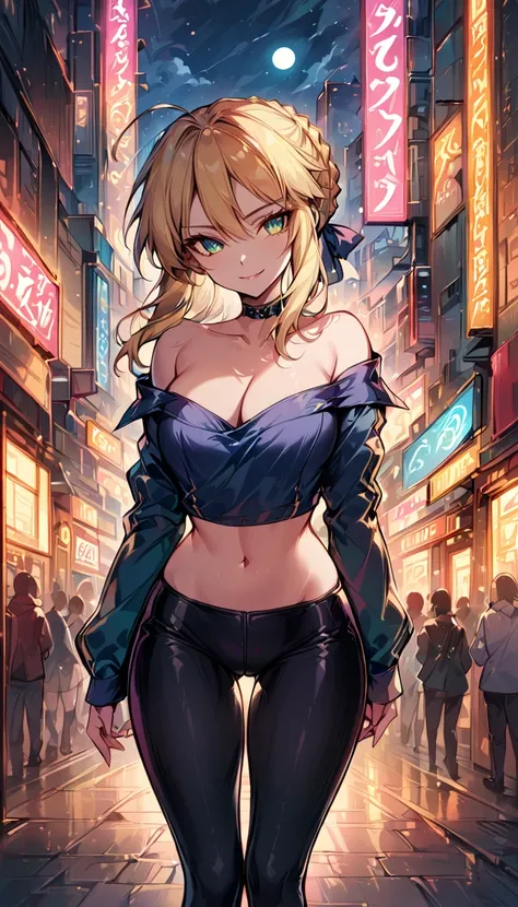 score_9, score_8_up, score_7_up, score_6_up, rating_safe, source_anime, BREAK beautiful Artoria Pendragon (blonde, braid, ribbon, hair ribbon:1.2), sexy smirk, BREAK tight pants, off the shoulder top, high hees, choker, BREAK walking in downtown Tokyo, neo...