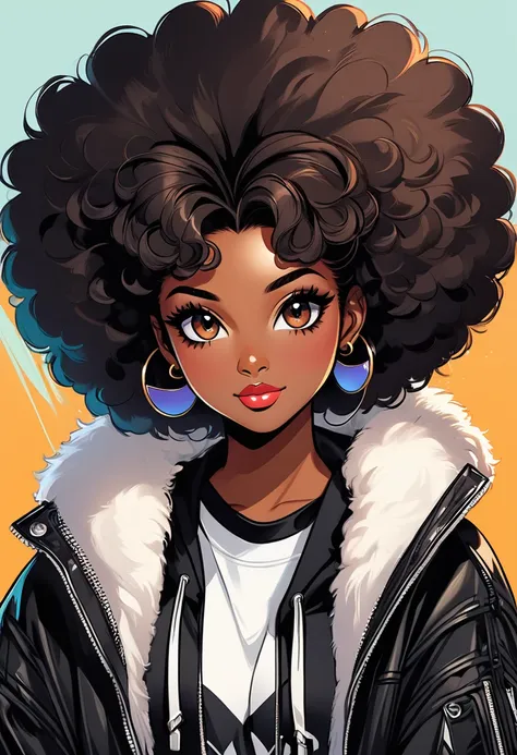 cartoon image of a woman with a big afro hair, super cute funky black girl, cartoon style illustration, cartoon art style, carto...