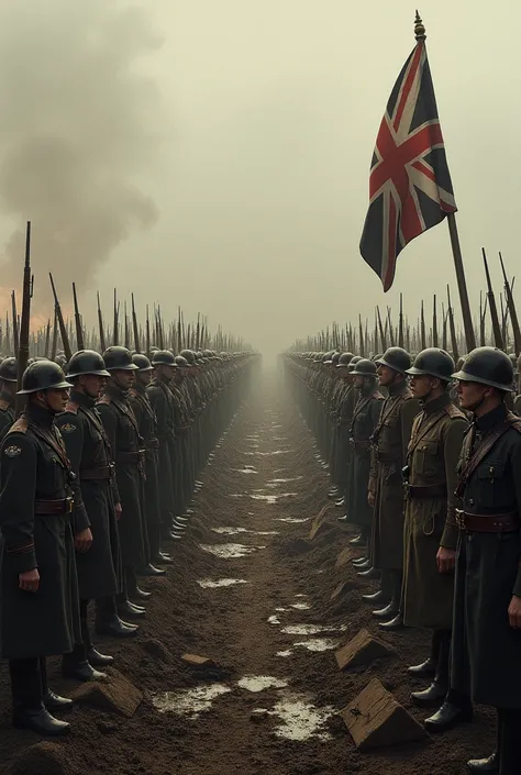 Hello, Please create a picture of World War I. That shows both sides in the image, with their soldiers and that there are the flags of Germany and England. ON A BATTLEFIELD, with weapons, chemical weapons,  Tanks, etc. And be realistic.