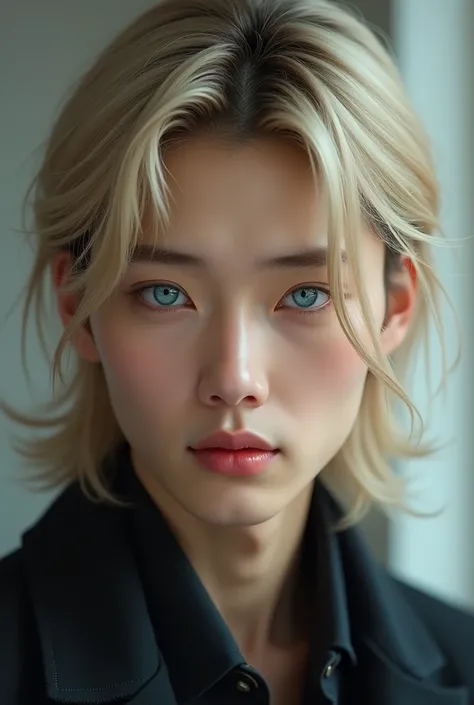 Korean man blue eyes and middle long blonde hair realistic thin silent eyes egg check thin lips long nose 