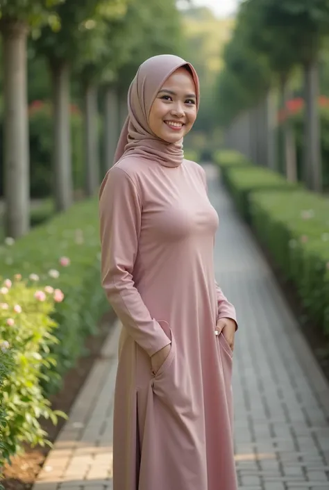 1 malay girl , modern plain hijab,  shy, medium portrait shot , watery  eyes , RAW, Best quality, high resolution, Masterpiece: 1.3), Beautiful Malay woman in hijab, Masterpiece, Perfect slim body, ((Big breasts)), Beautiful big eyes, Soft smile, (wearing ...