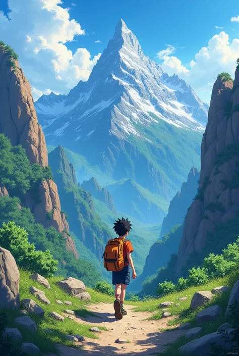 Anime theme, On boy travelling on mountain with backpack 