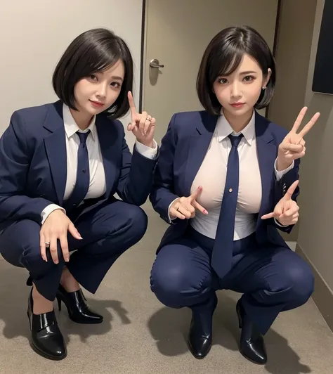 Big breasted pregnant woman with pierced nipples and bob hair、Business jacket、High leg pants with holes、Navy blue short tie、Toilet bowl、Bow-legged、Erotic squatting、Double Peace