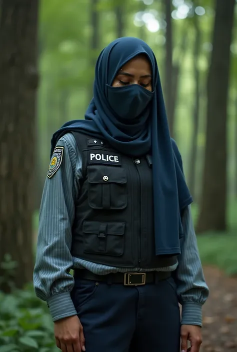 one Muslim woman with a long hijab wearing a police gray blue striped shirt and a black vest wearing gloves wearing a face covering one Muslim woman with a long hijab wearing a blouse with their cloth hugging while tears flow in the middle of the forest su...