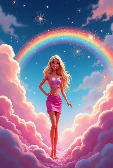  A whimsical illustration of Barbie standing in a fantastical landscape with stars, rainbows, and fluffy clouds