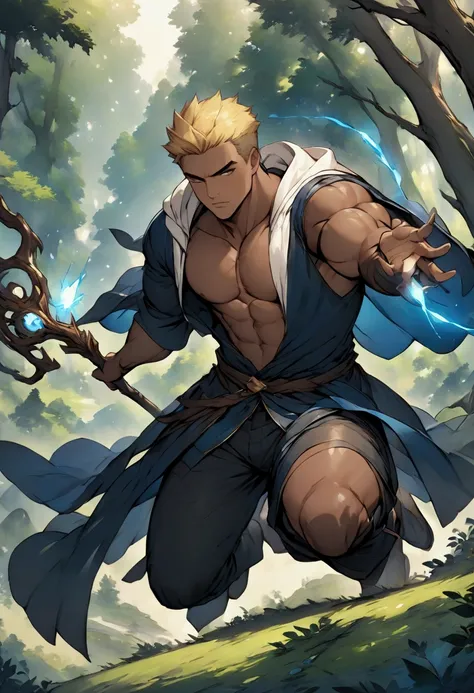 Highest quality、masterpiece、(muscular male:1.3)、(father:0.5)、Blonde、Brown skin、Short Hair、Sports haircut、short hair、fantasy、Fantastic space、in the forest、wizard、Wearing a black and blue robe、bare chest、Has a magic staff、Uses magic