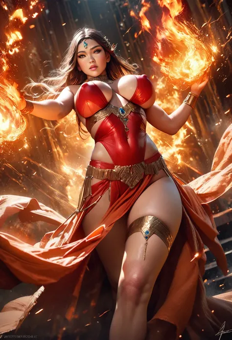 {best quality,4K,8k,highres,masterpiece:1.2),ultra-detailed,(realistic,photorealistic,photo-realistic、looking at the camera}、{Dancer、Very large breasts、Covered nipples、extremely detailed eyes and face}、Flaming background、(Has a fire element、There are spark...