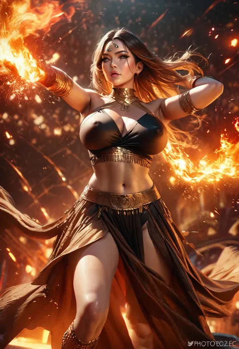 {best quality,4K,8k,highres,masterpiece:1.2),ultra-detailed,(realistic,photorealistic,photo-realistic、looking at the camera}、{Dancer、Very large breasts、Covered nipples、extremely detailed eyes and face}、Flaming background、(Has a fire element、There are spark...