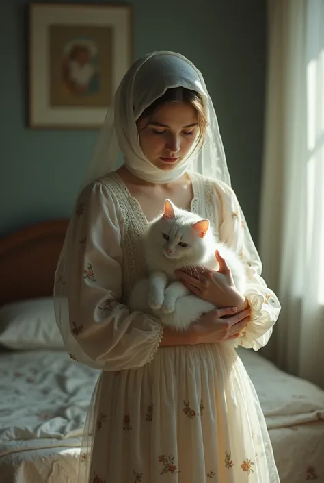 A woman holding a white cat in hand standing in her bed room not showing face wearing a head kerchief  wearing a floral dress 