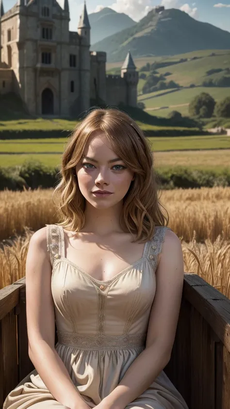 photorealistic digital painting of Emma Stone, medieval period, wheat fields, simple dress, sitting on a water wheel, romantic film scene, discovering innocence and purity, beautiful detailed eyes, beautiful detailed lips, extremely detailed face and expre...