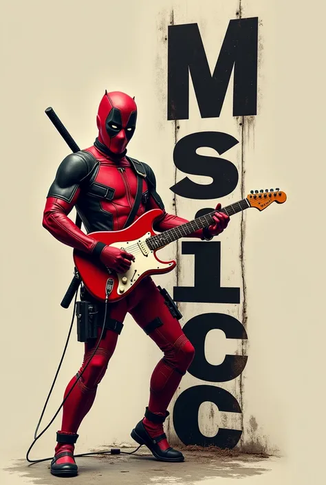 To the right is the word "MUSIC" in black letters from top to bottom. There is a BORDER around the letter. On the left is a movie character DEAD POOL playing a guitar.