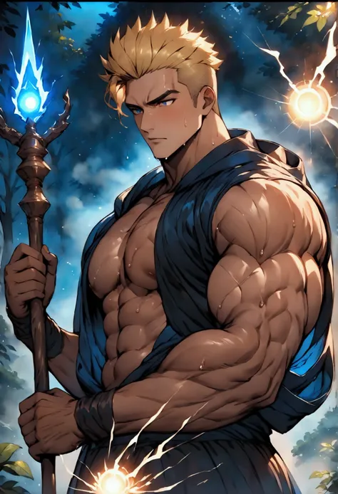 Highest quality、masterpiece、(muscular male:1.3)、(father:0.5)、Blonde、Brown skin、Short Hair、Sports haircut、short hair、fantasy、Fantastic space、In the forest at night、wizard、Wearing a black and blue robe、bare chest、Has a magic staff、Uses lightning magic、sweat、...