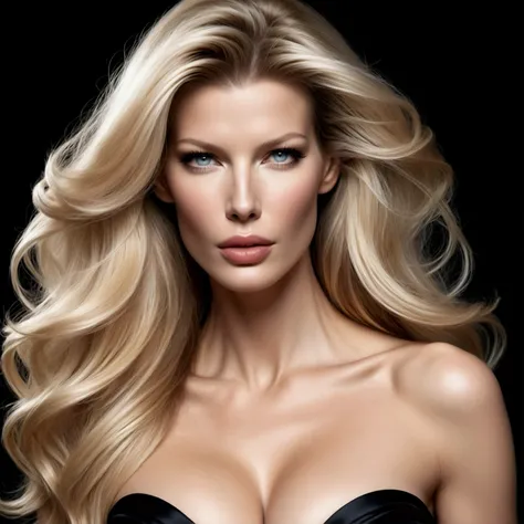 HYBRID FACE BETWEEN CLAUDIA SCHIFFER AND GISELE BUNDCHEN , BUST IMAGE STYLE, STUDIO IMAGE STYLE, BLACK INFINITE BACKGROUND, DIFFUSED LIGHTS ON FACE, STRONG BACK LIGHTS, CLOSE FACE SHOT, PLATINUM LONG HAIR, HUGE STRAIGHT LONG HAIR, VERY VOLUMOUS HAIR, PLATI...