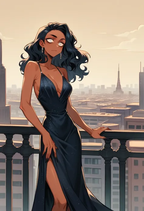 long wavy black hair, tanned skin, slim figure, sharp jawline, bright eyes, in a luxurious hotel lobby, in an elegant evening gown, A confident woman with long wavy black hair, wearing a black evening gown, standing on a city rooftop with the skyline in th...